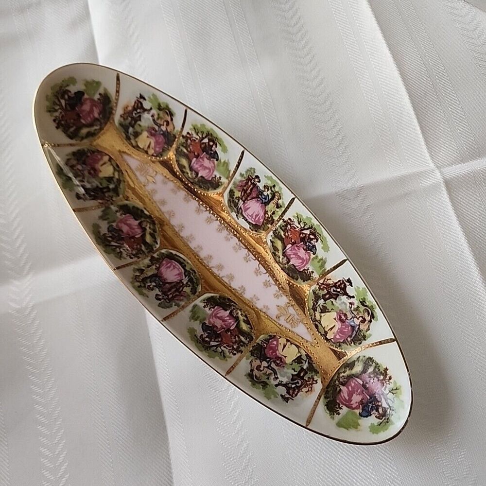 Vtg Royal Vienna Relish Celery Dish Courting Couple Beehive Mark 1102 Pink Gold
